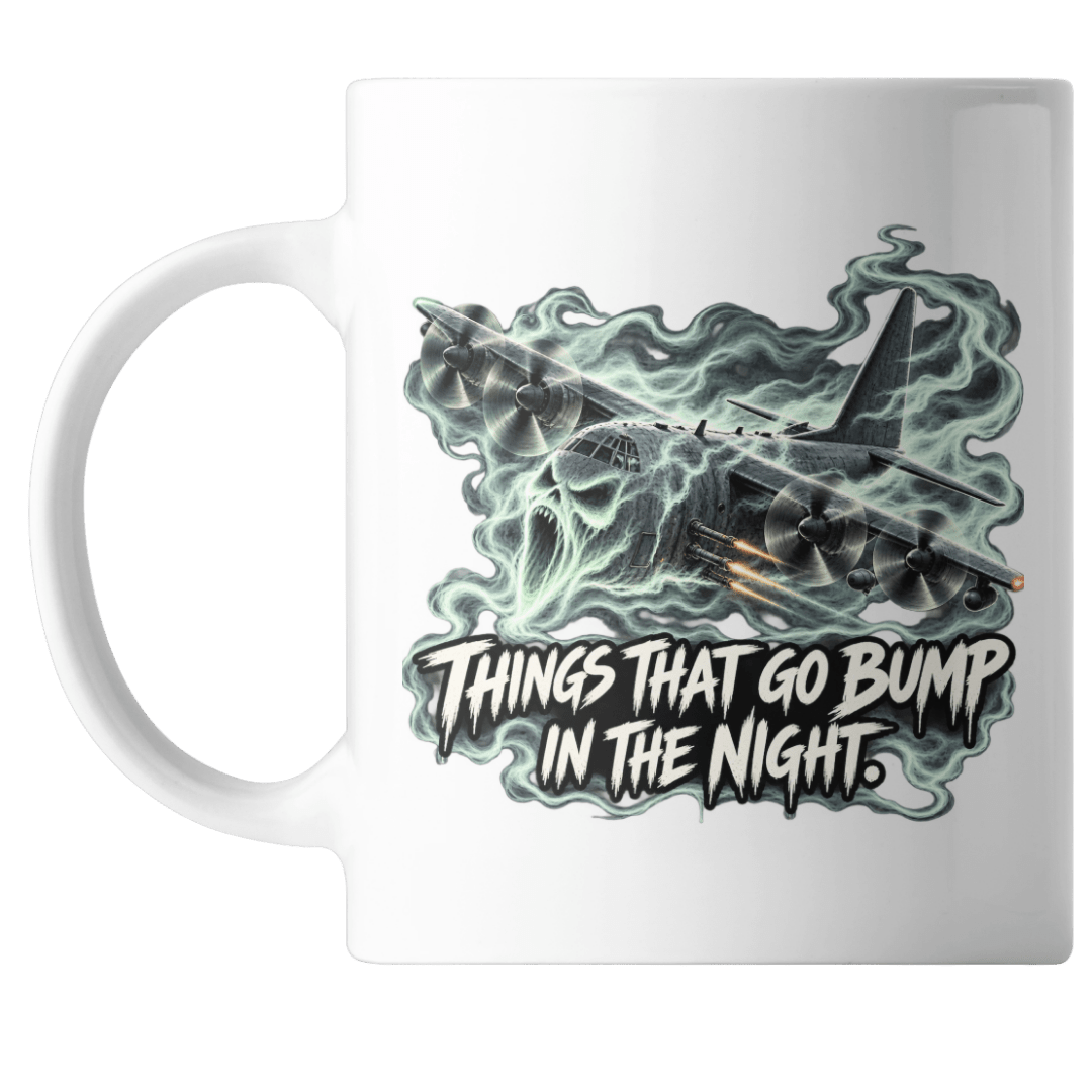 Things That Go Bump in the Night 15 ounce ceramic Halloween mug with a spectral AC-130 gunship wrapped in ghost smoke
