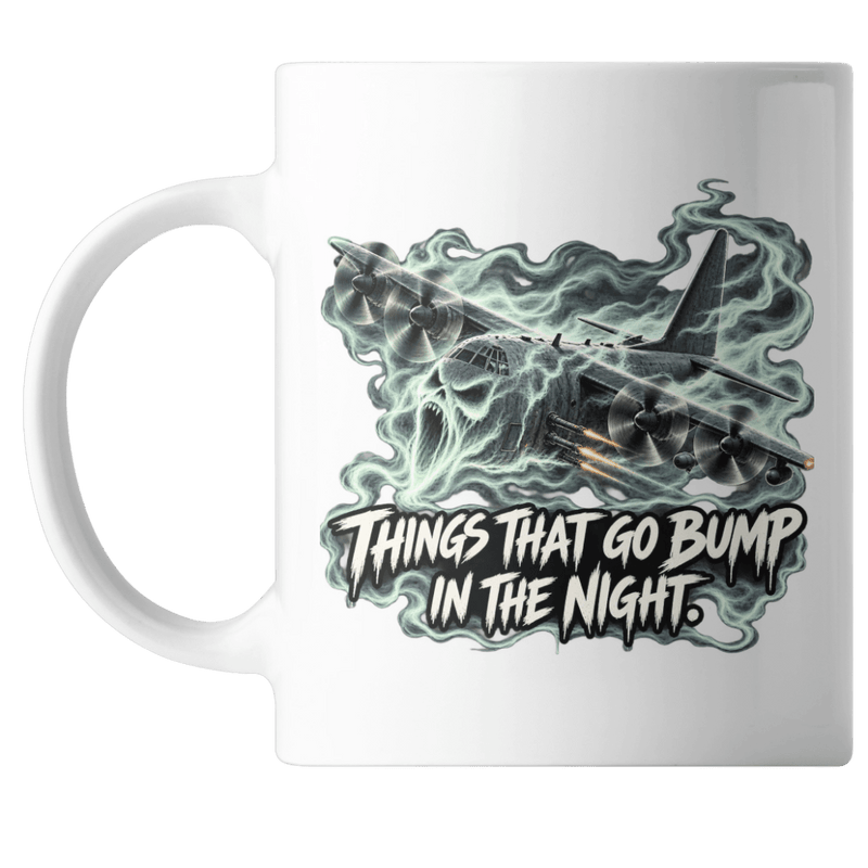 Things That Go Bump in the Night 15 ounce ceramic Halloween mug with a spectral AC-130 gunship wrapped in ghost smoke