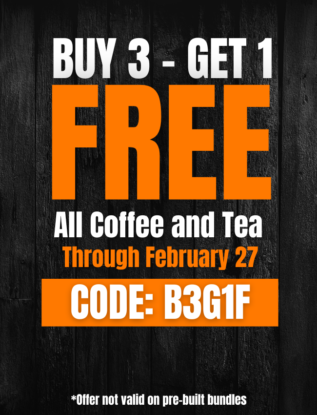 Promotional sign for a buy 3 get 1 free offer on coffee and tea through February 27.