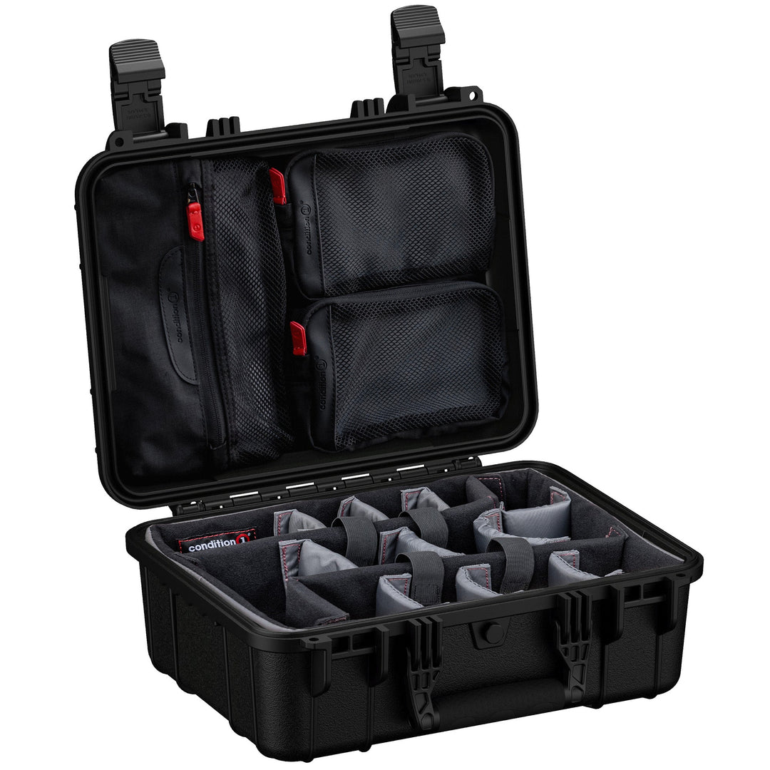 Black Condition 1 #179 waterproof case open with padded dividers and lid organizer