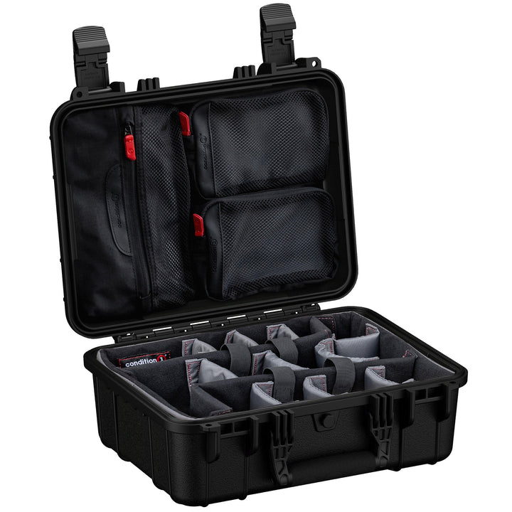 Black Condition 1 #179 waterproof case open with padded dividers and lid organizer