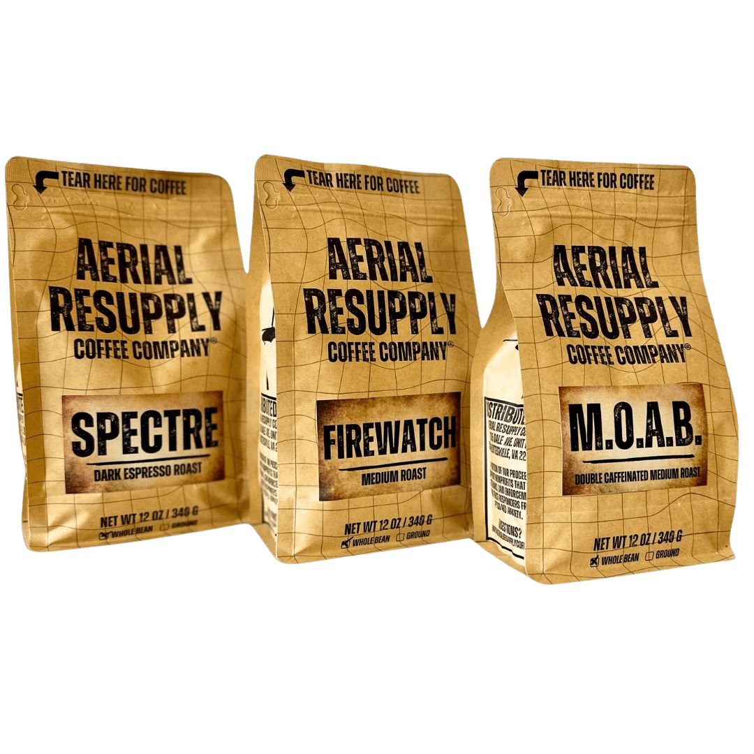 Aerial Resupply Coffee original cargo bag coffee premium whole bean or ground colombian and robusta coffee twelve ounce bags