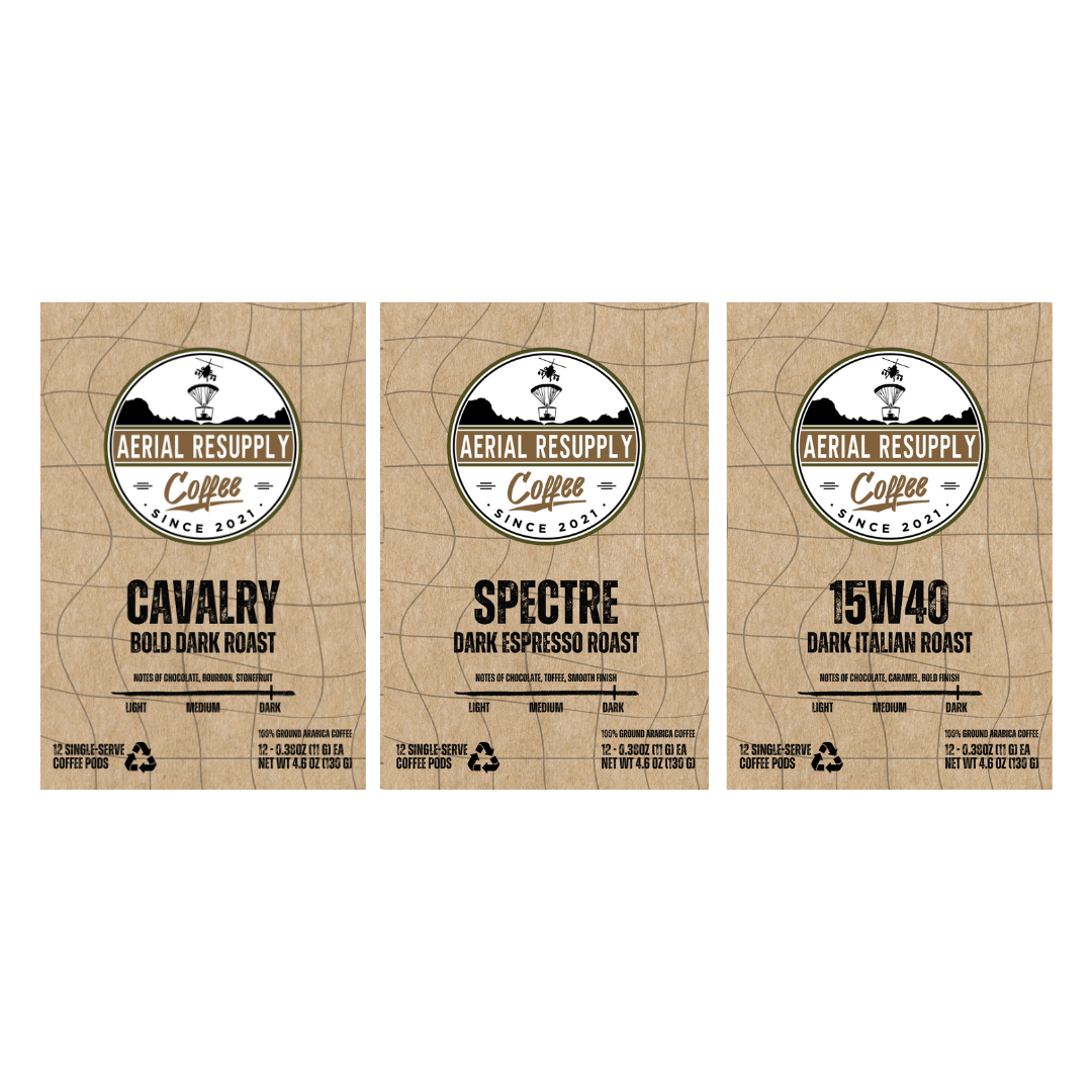 Aerial Resupply Coffee Cargo Box of Coffee Dark Roast Variety pack single serving k-cups twelve count pods buy online or at our store in Charlottesville, Virginia