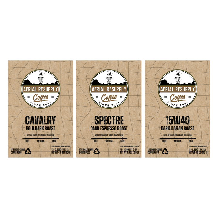 Aerial Resupply Coffee Cargo Box of Coffee Dark Roast Variety pack single serving k-cups twelve count pods buy online or at our store in Charlottesville, Virginia