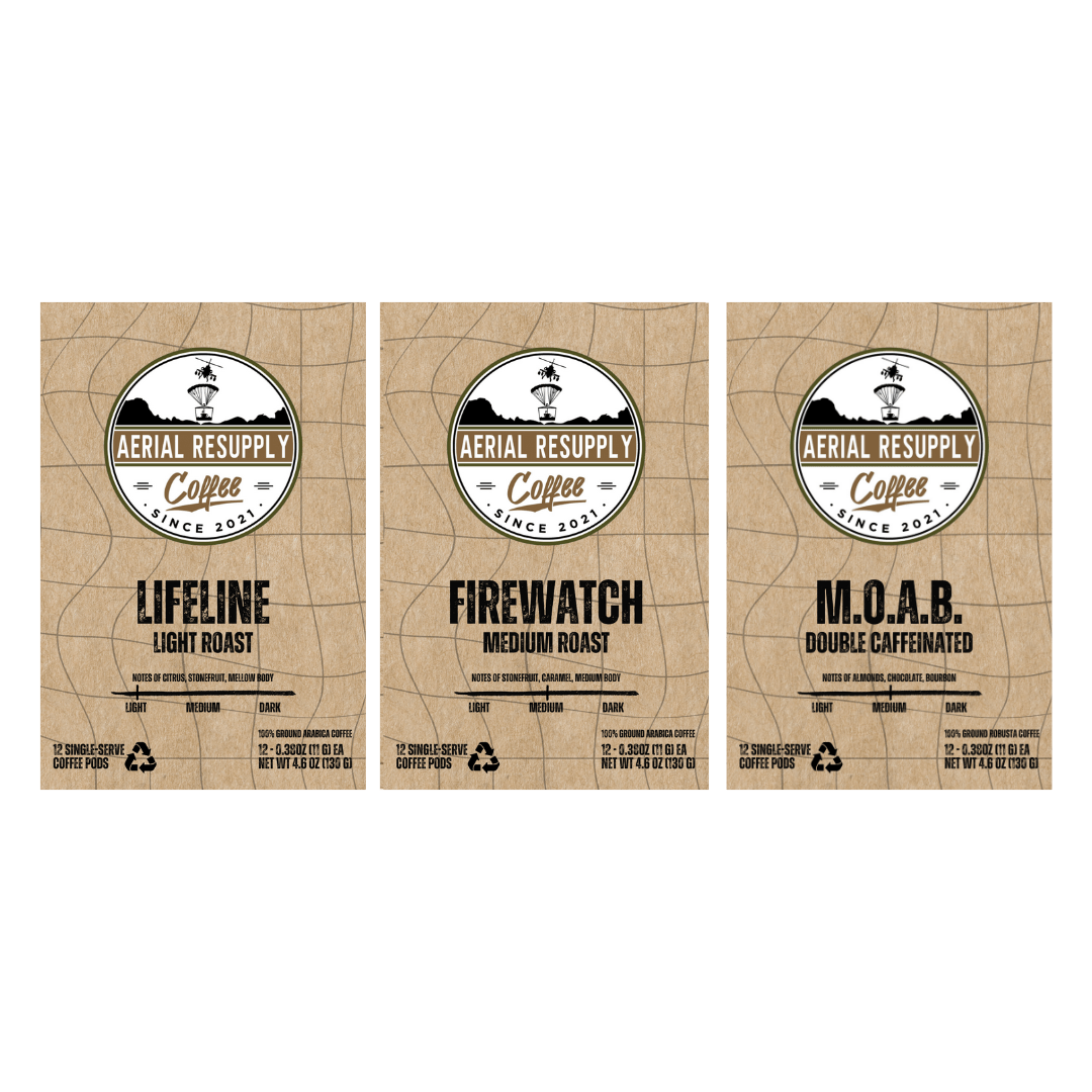 Aerial Resupply Coffee Cargo Box of Coffee medium roast Variety pack single serving k-cups twelve count pods buy online or at our store in Charlottesville, Virginia