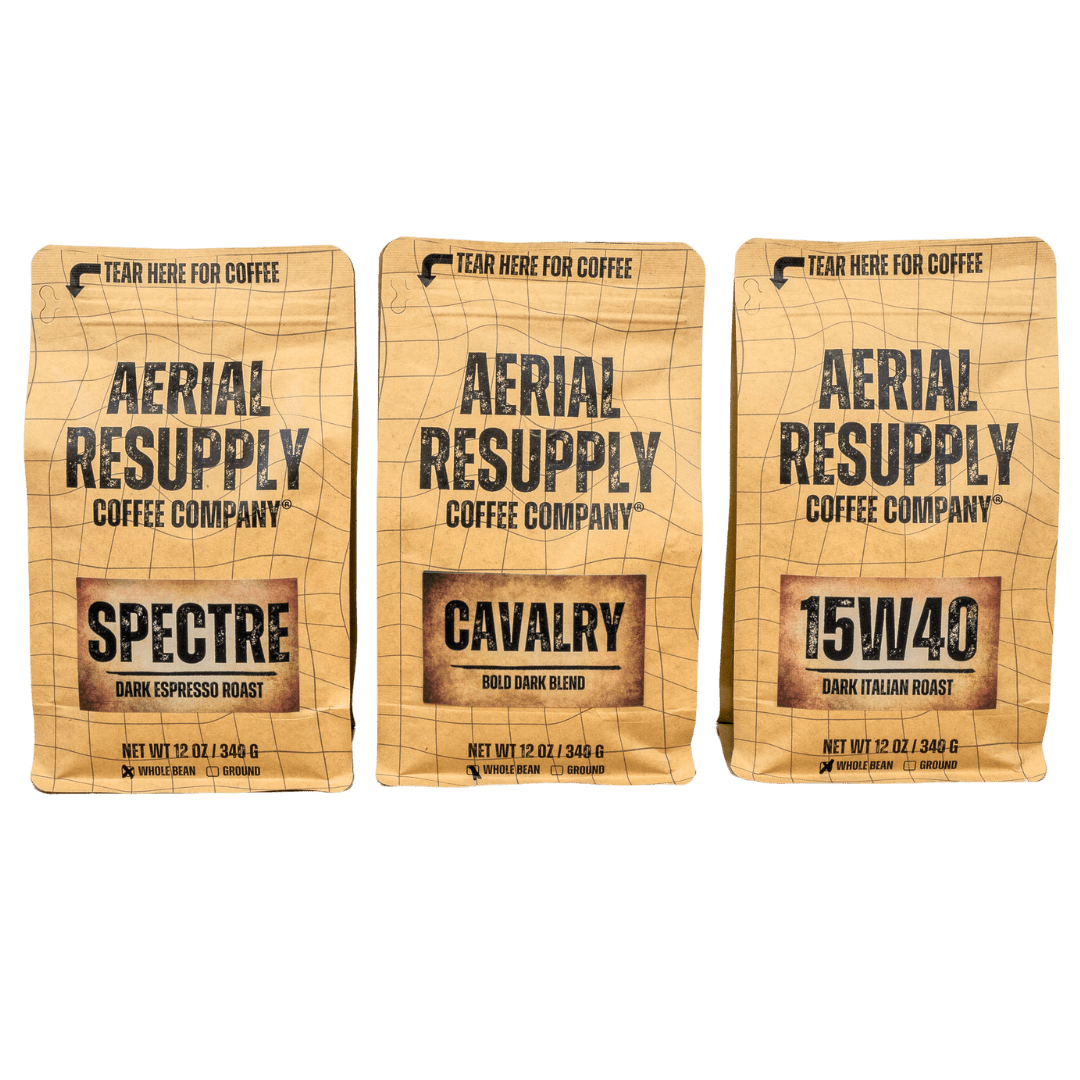 Aerial Resupply Coffee dark cargo bag coffee premium whole bean or ground colombian and robusta coffee twelve ounce bags