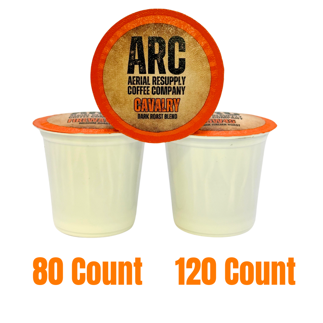 Two coffee pods with 'ARC Aerial Resupply Coffee Company Cavalry' branding on a white background.