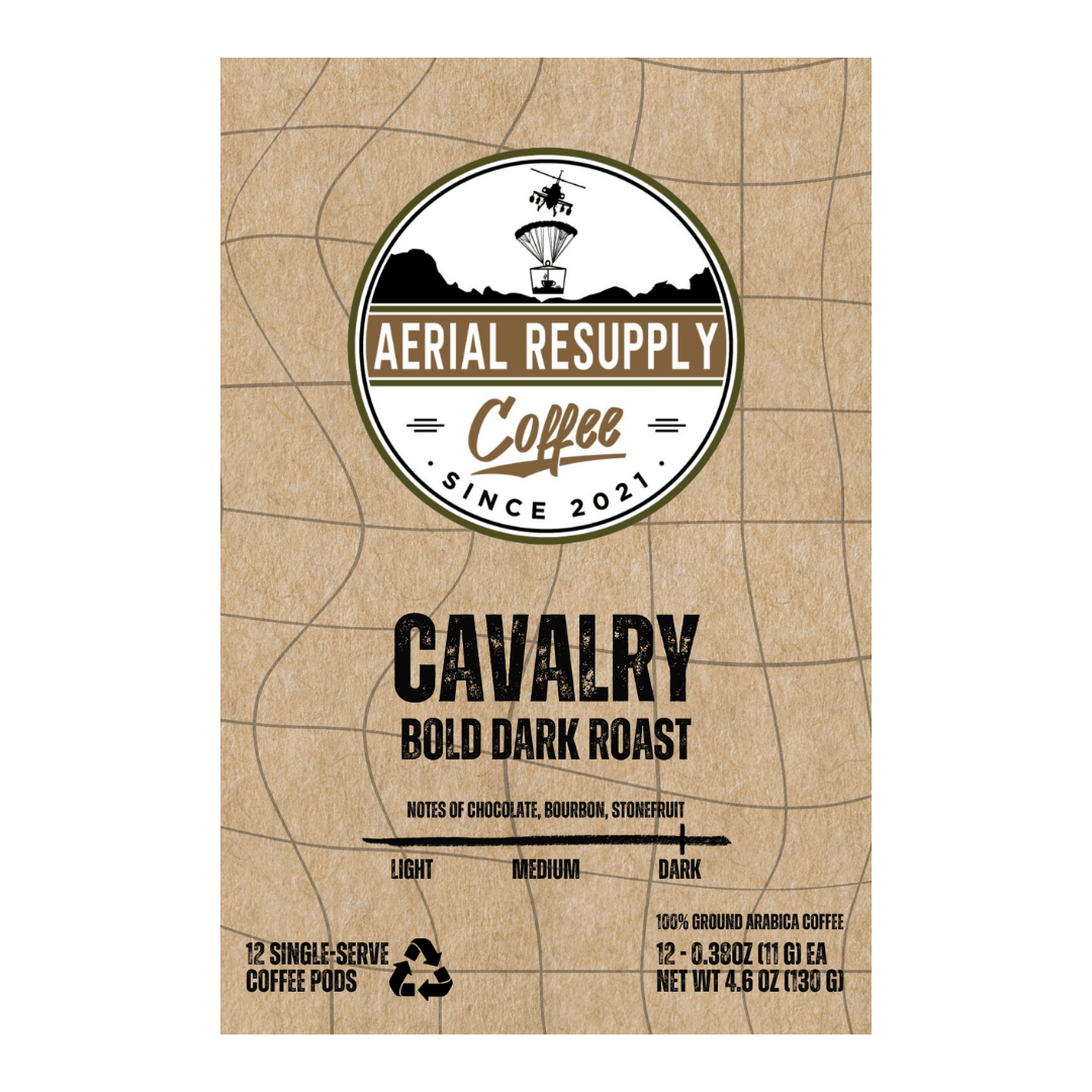 Cavalry Bold Dark Roast Colombian coffee single serving pod k-cups from aerial resupply coffee buy online or in our store at charlottesville, virginia.