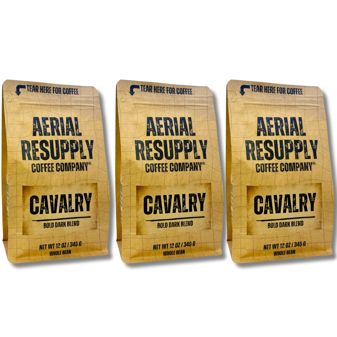 Three bags of Aerial Resupply Coffee Company Cavalry coffee on a white background