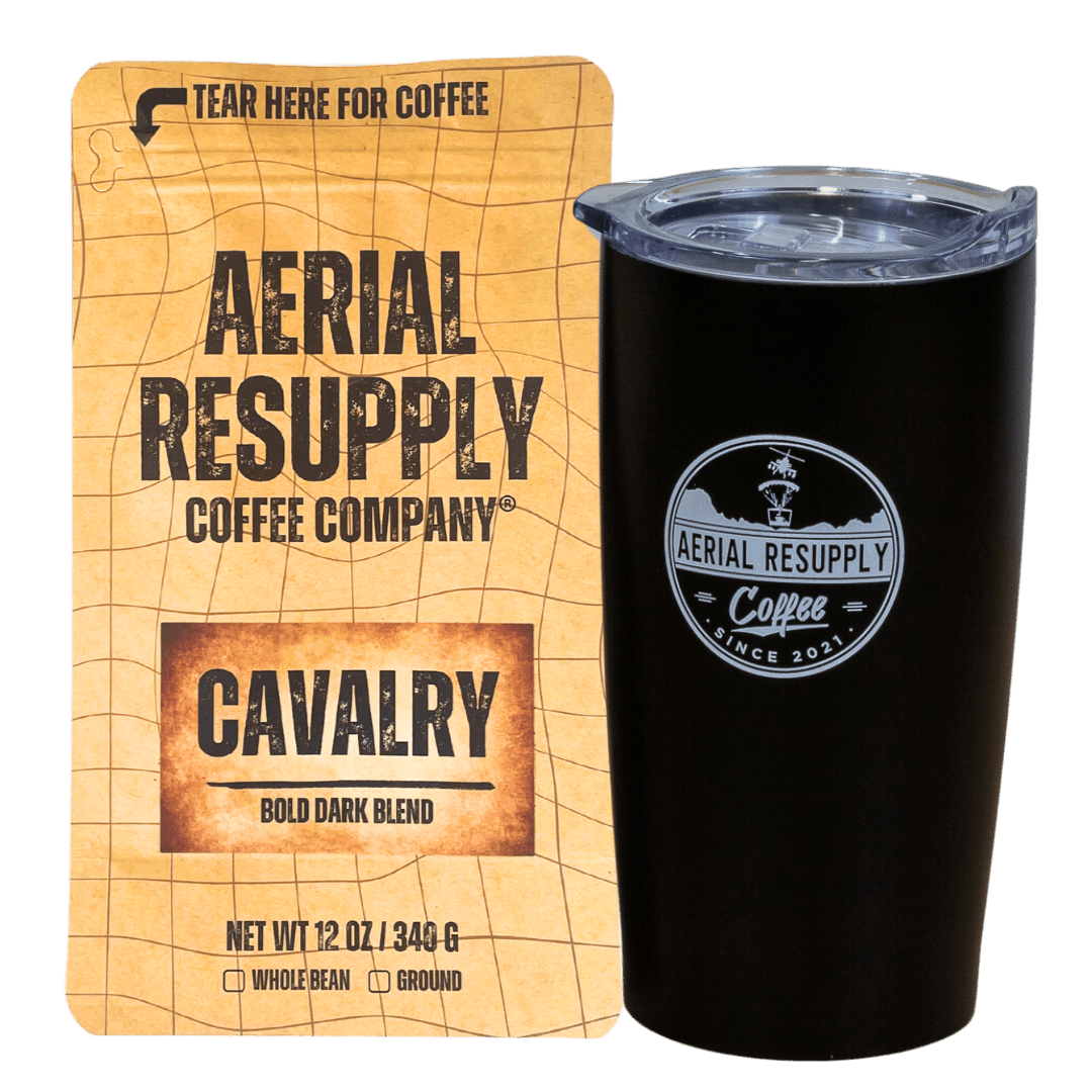 Cavalry Dark Roast blend whole bean and preground coffee with black aerial resupply coffee logo tumbler. Buy now online or at or store in Charlottesville, Virginia