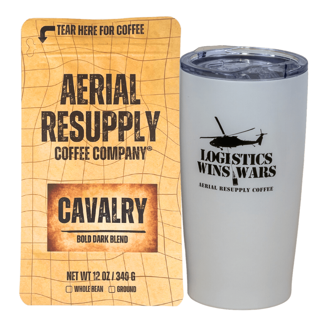 Cavalry Dark Roast blend whole bean and preground coffee with white aerial resupply coffee logistics wins wars tumbler. Buy now online or at or store in Charlottesville, Virginia