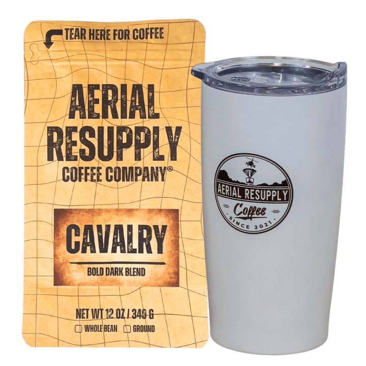 Cavalry Dark Roast blend whole bean and preground coffee with white aerial resupply coffee logo tumbler. Buy now online or at or store in Charlottesville Virginia