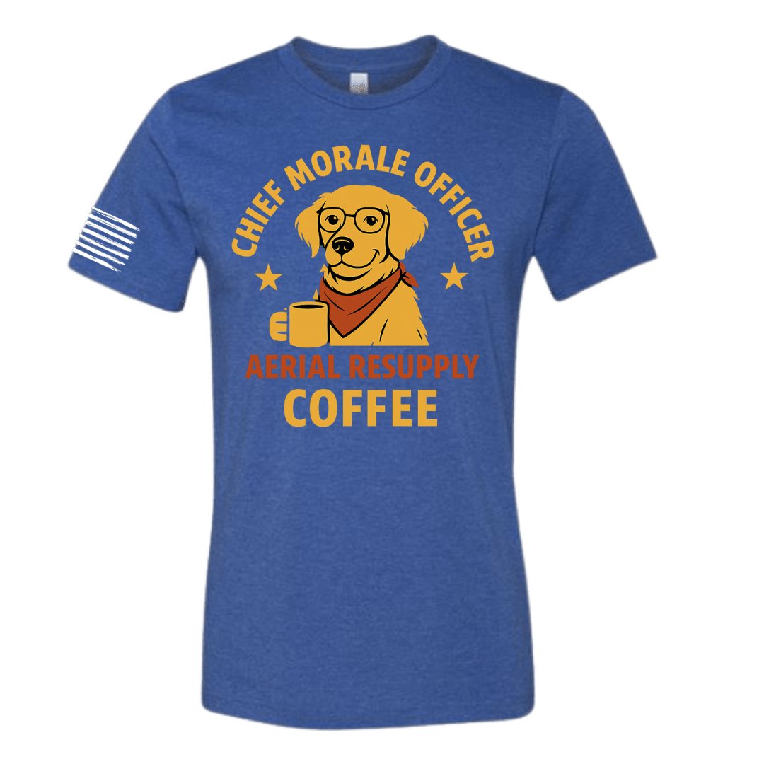 Chief Morale officer tshirt with a golden retriever and cup of coffee bella canvas