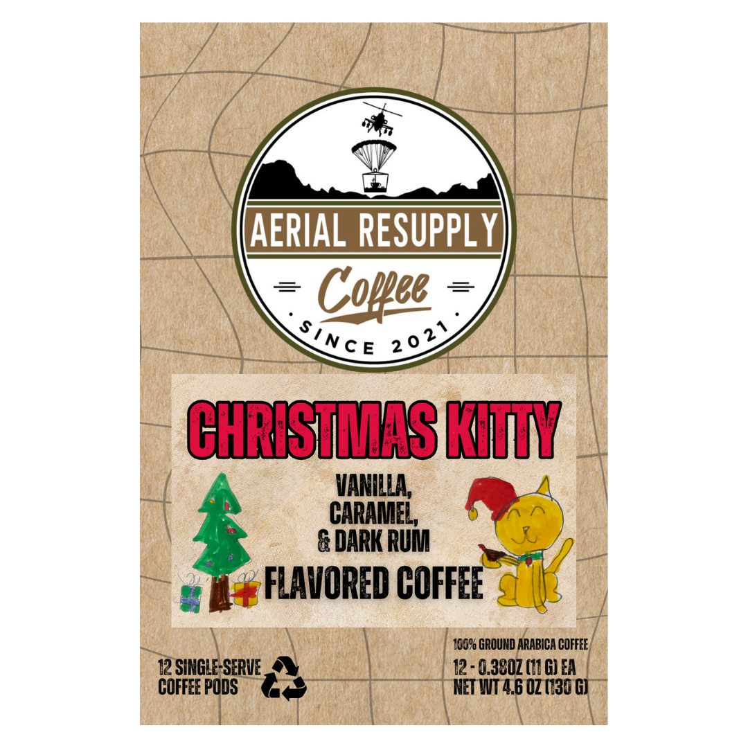 Aerial Resupply Coffee Christmas Kitty flavored coffee package on a white background