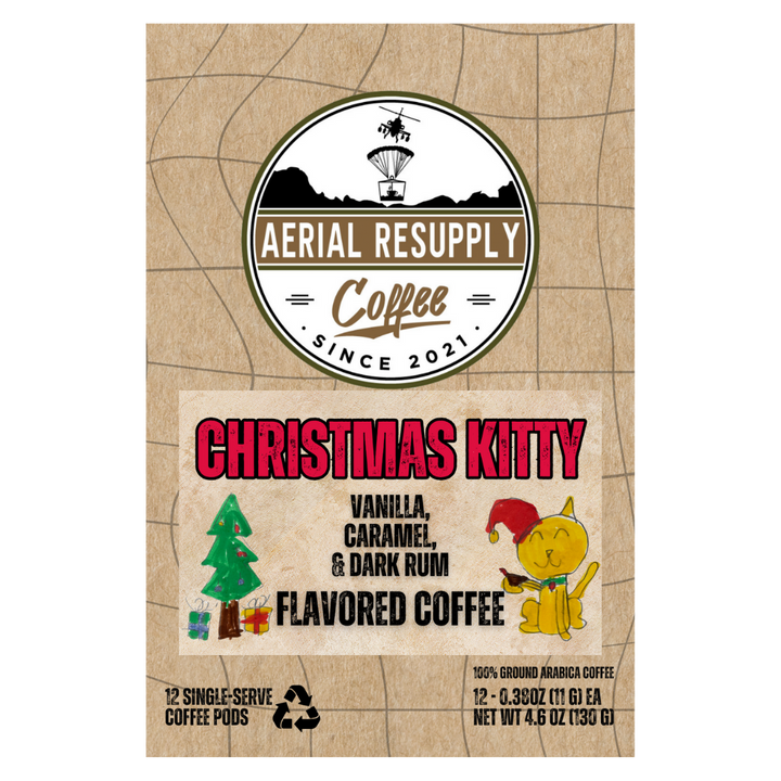 Aerial Resupply Coffee Christmas Kitty flavored coffee package on a white background