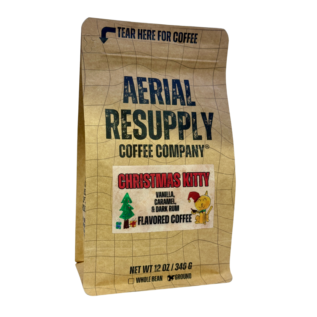 Coffee bag from Aerial Resupply Coffee Company with 'Christmas Kitty' flavor label on a white background