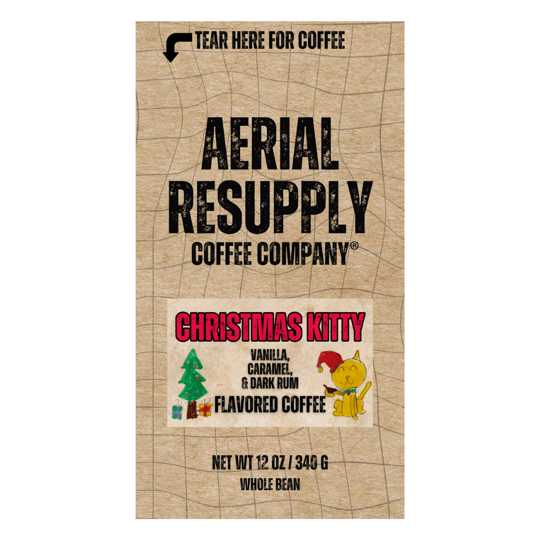 Vanilla Caramel and Dark Rum flavored whole bean and ground coffee from Aerial Resupply Coffee. 