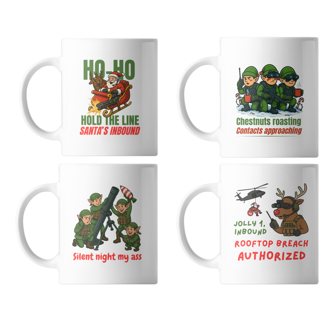 Four mugs with humorous Christmas-themed designs on a white background
