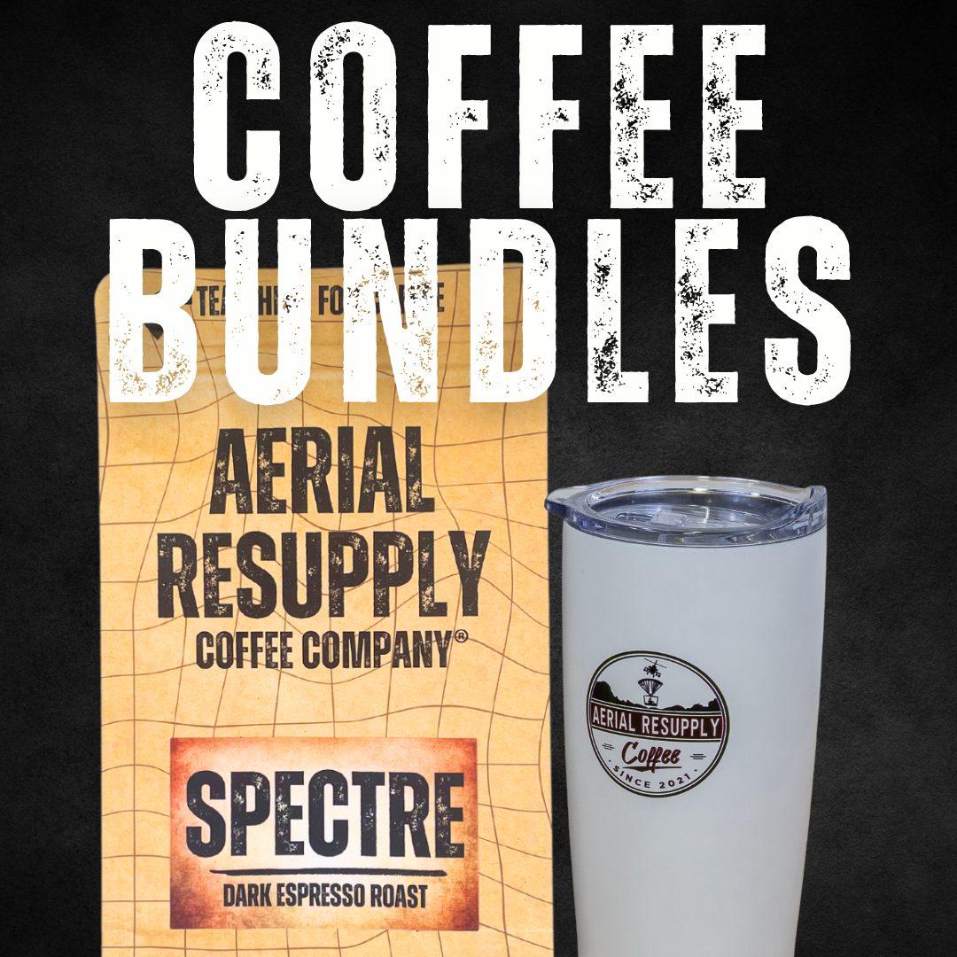 Coffee Bundles from Aerial Resupply Coffee including a bag of whole bean or ground premium coffee and a stainless steel tumbler