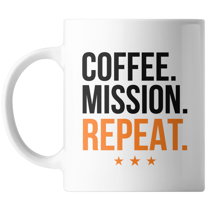 A white ceramic coffee mug with the text 'COFFEE. MISSION.