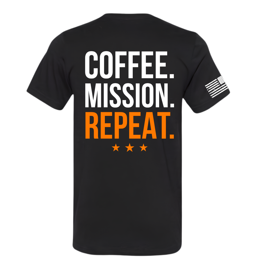 A black short-sleeve t-shirt shown from the back, featuring the text 'COFFEE. MISSION.