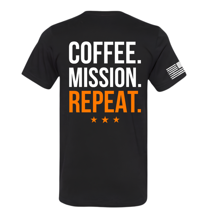 A black short-sleeve t-shirt shown from the back, featuring the text 'COFFEE. MISSION.