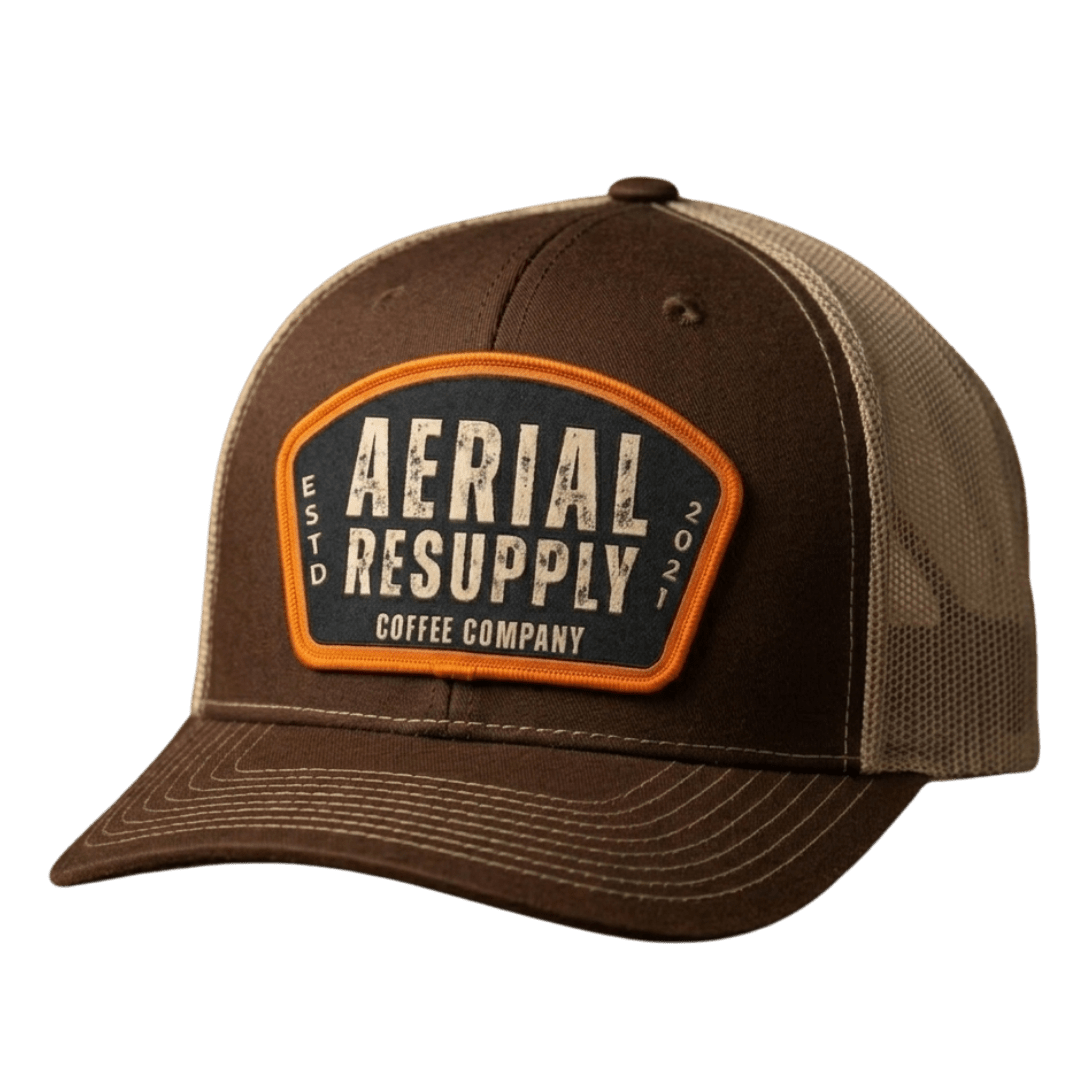 Brown cap with 'Aerial Resupply Coffee Company' patch on a white background