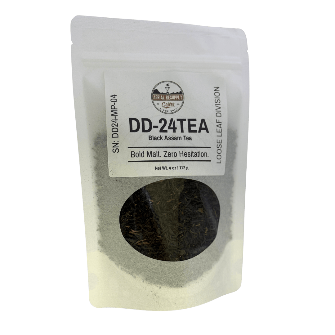 Tea package labeled 'DD-24TEA' with visible tea leaves on a white background