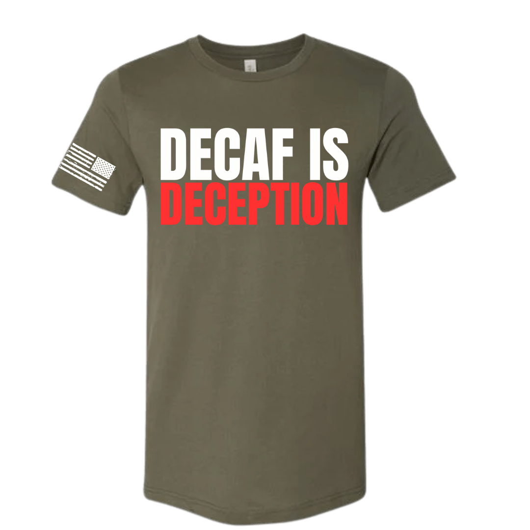 Green t-shirt with 'DECAF IS DECEPTION' text and American flag sleeve on a white background