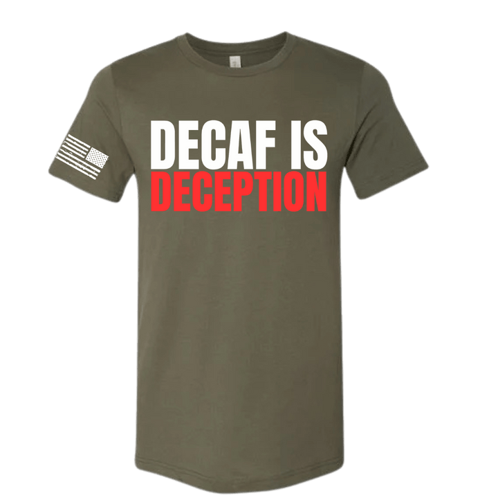Green t-shirt with 'DECAF IS DECEPTION' text and American flag sleeve on a white background