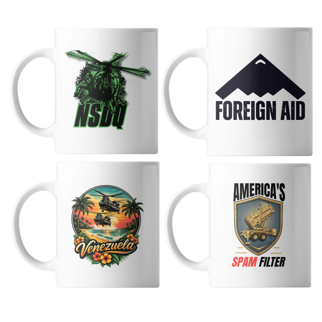 Four mugs with different designs and text on a white background