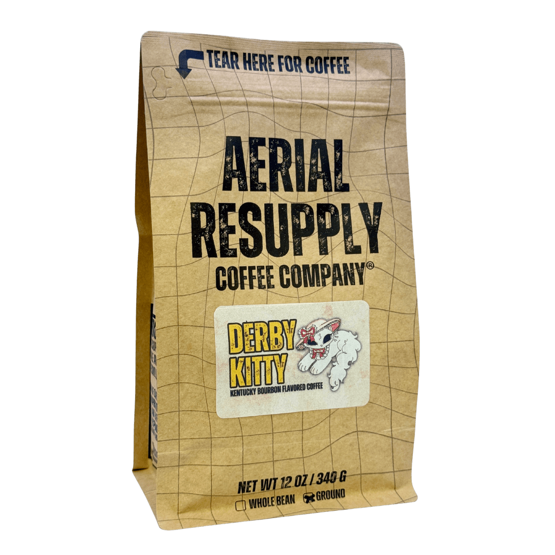 Coffee bag from Aerial Resupply Coffee Company with 'Derby Kitty' flavor label on a white background