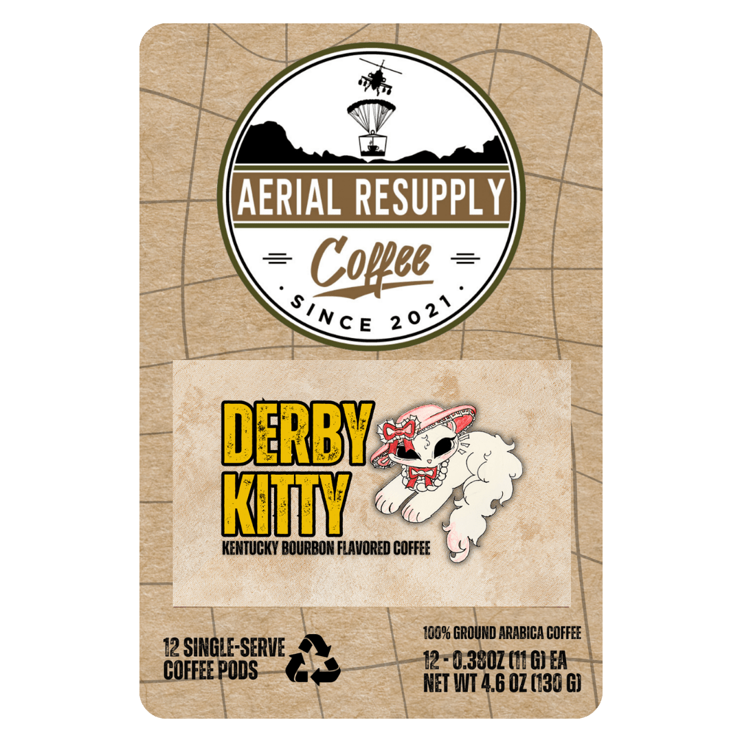 Aerial Resupply Coffee packaging with 'Derby Kitty' flavor on a textured brown background