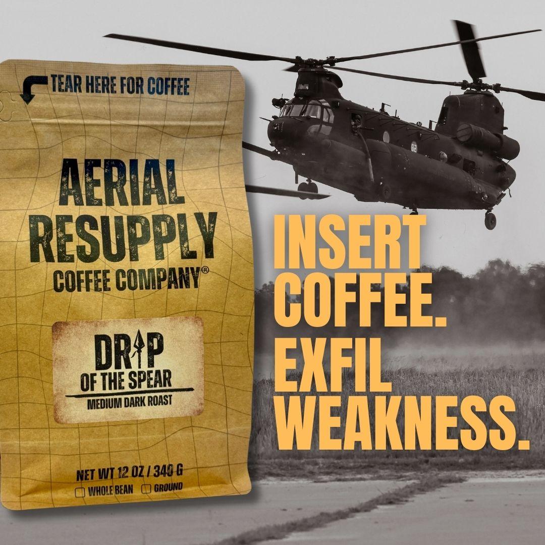 Aerial Resupply Coffee Company package with a helicopter in the background