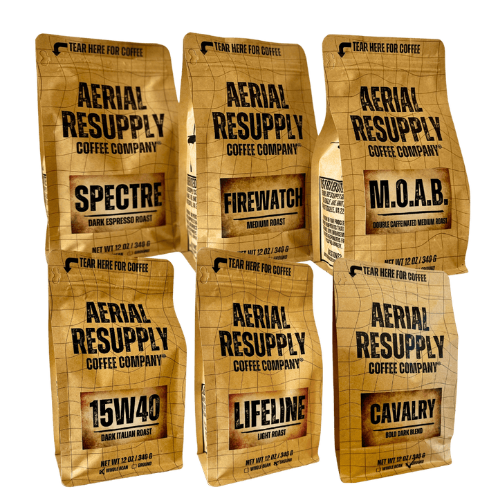 The Emergency Pallet of Coffee premium whole bean and ground coffee bundle from Aerial Resupply Coffee. Try all six of our best selling roasts in one bundle available online for purchase or at our store in Charlottesville, Virginia