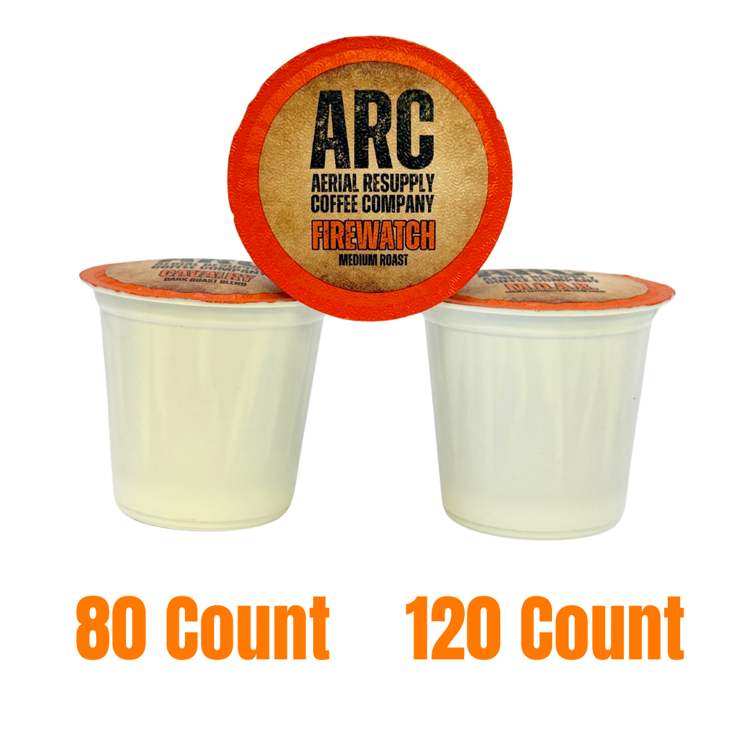 Two coffee pods with 'ARC Aerial Resupply Coffee Company' branding on a white background.
