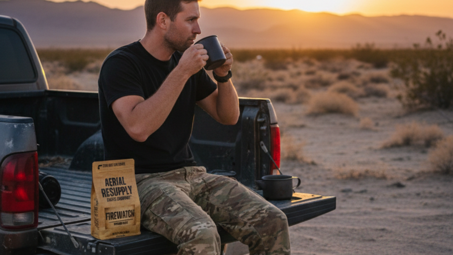 Man sitting in a truck bed in a desert landscape, drinking from a mug with 'Aerial Resupply' products nearby.