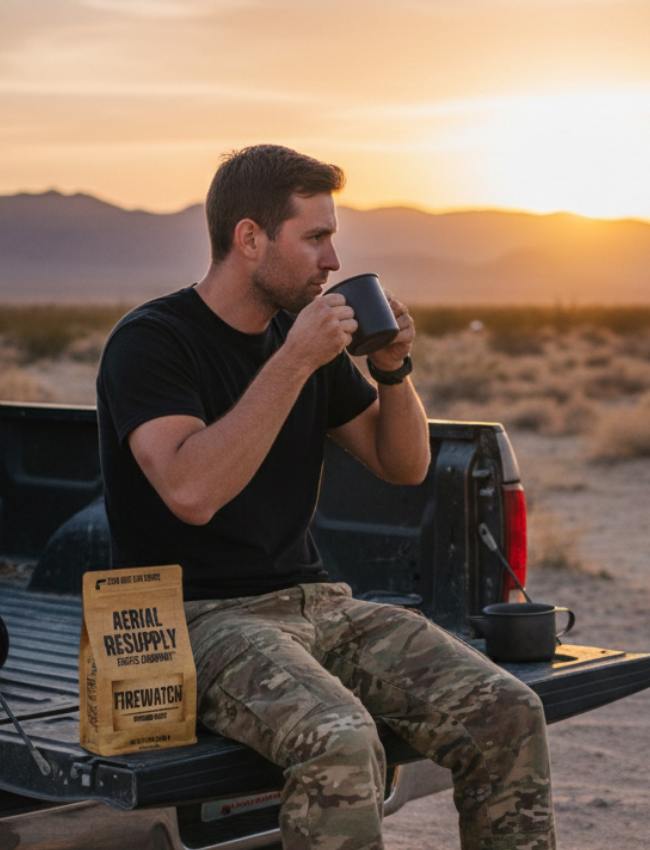 Man sitting in a truck bed in a desert at sunset, drinking from a mug with 'Aerial Resupply' sign.
