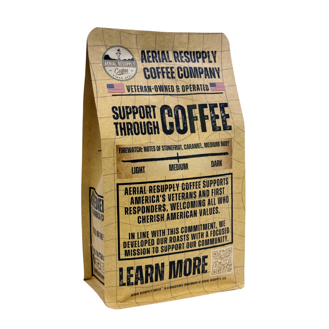 Aerial Resupply Coffee Company coffee bag on a white background
