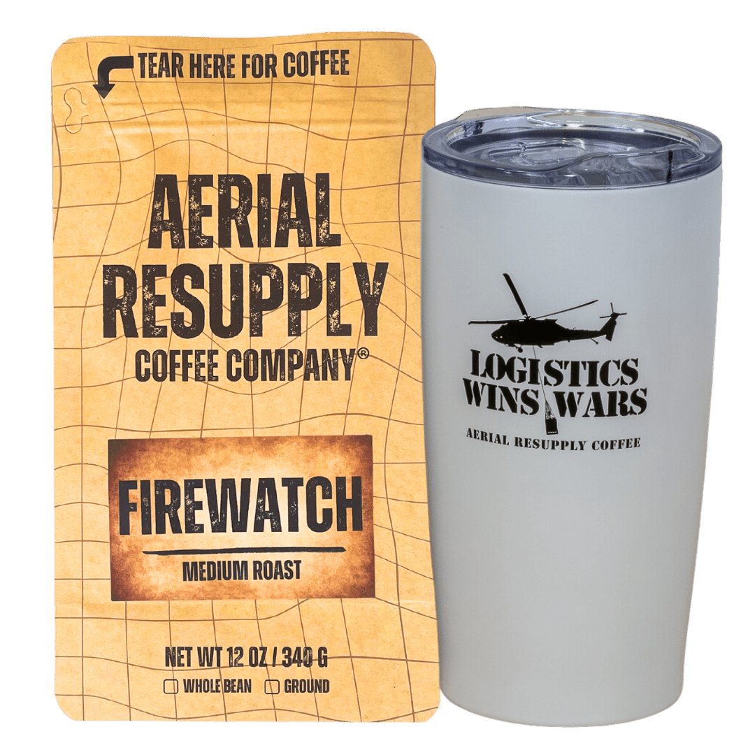 Firewatch Medium Roast Coffee and white logistics wins wars tumbler with Aerial Resupply Coffee logo. Buy now online twelve ounce bag or in our store in Charlottesville Virginia