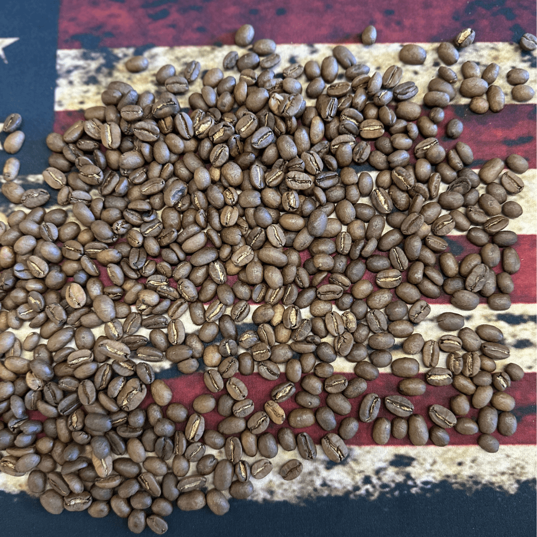 Firewatch Gourmet Medium Roast Coffee whole beans on an american flag