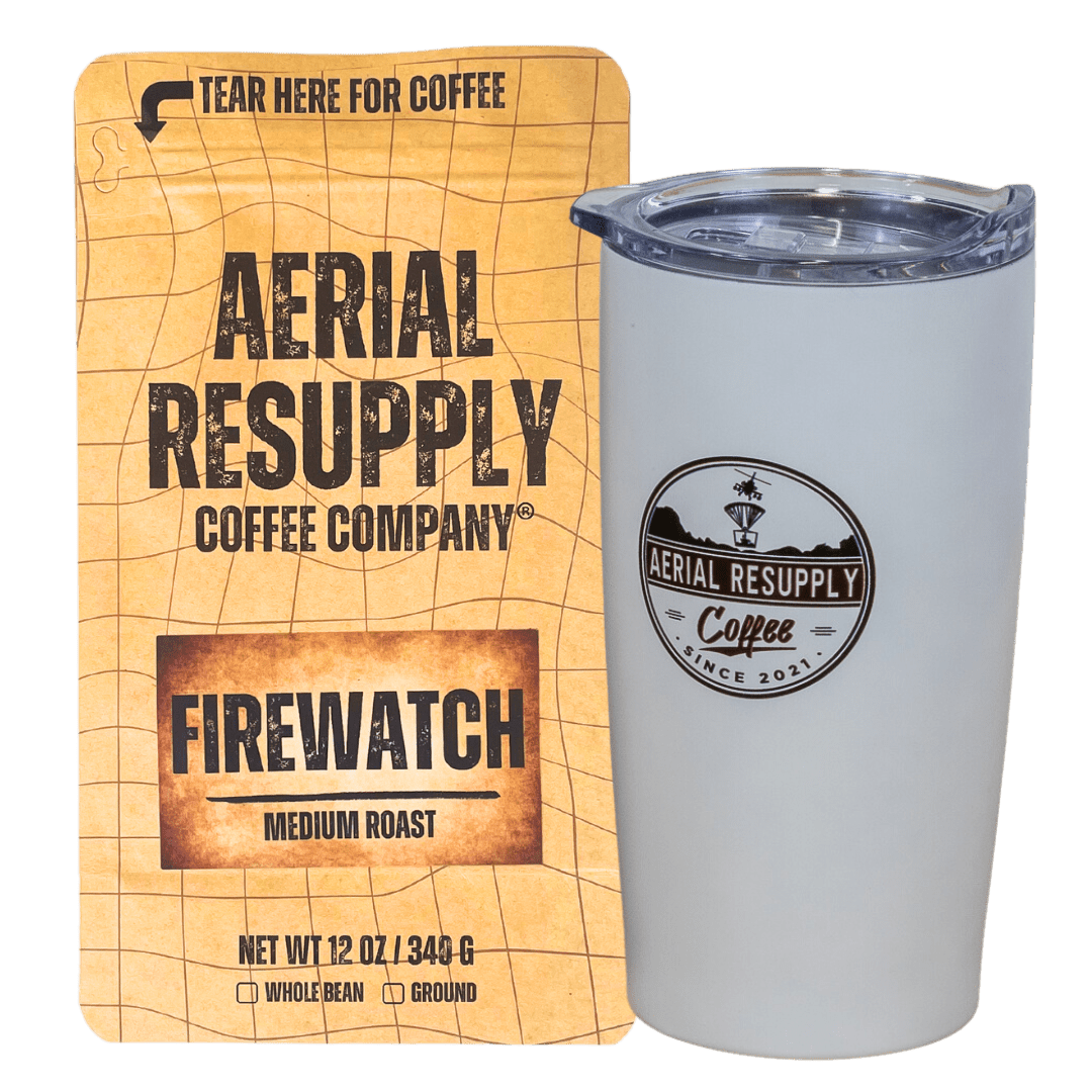 Firewatch Medium Roast Coffee and white tumbler with Aerial Resupply Coffee logo. Buy now online twelve ounce bag or in our store in Charlottesville Virginia