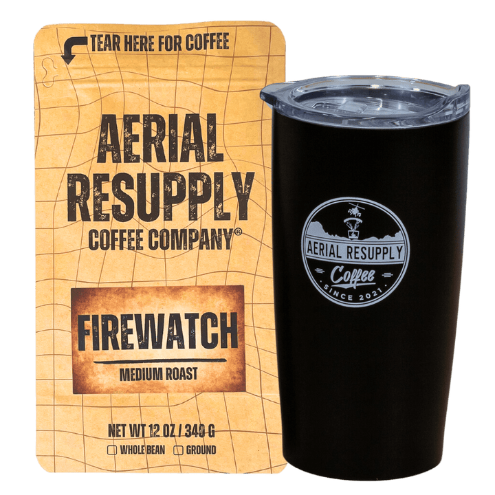 Firewatch Medium Roast Coffee and black tumbler with Aerial Resupply Coffee logo. Buy now online twelve ounce bag or in our store in Charlottesville Virginia