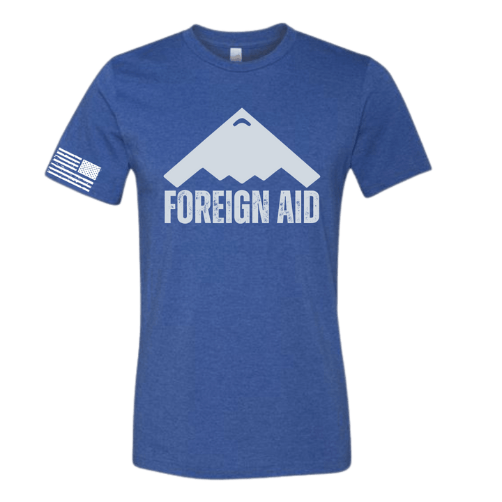 Blue t-shirt with 'FOREIGN AID' graphic on a white background
