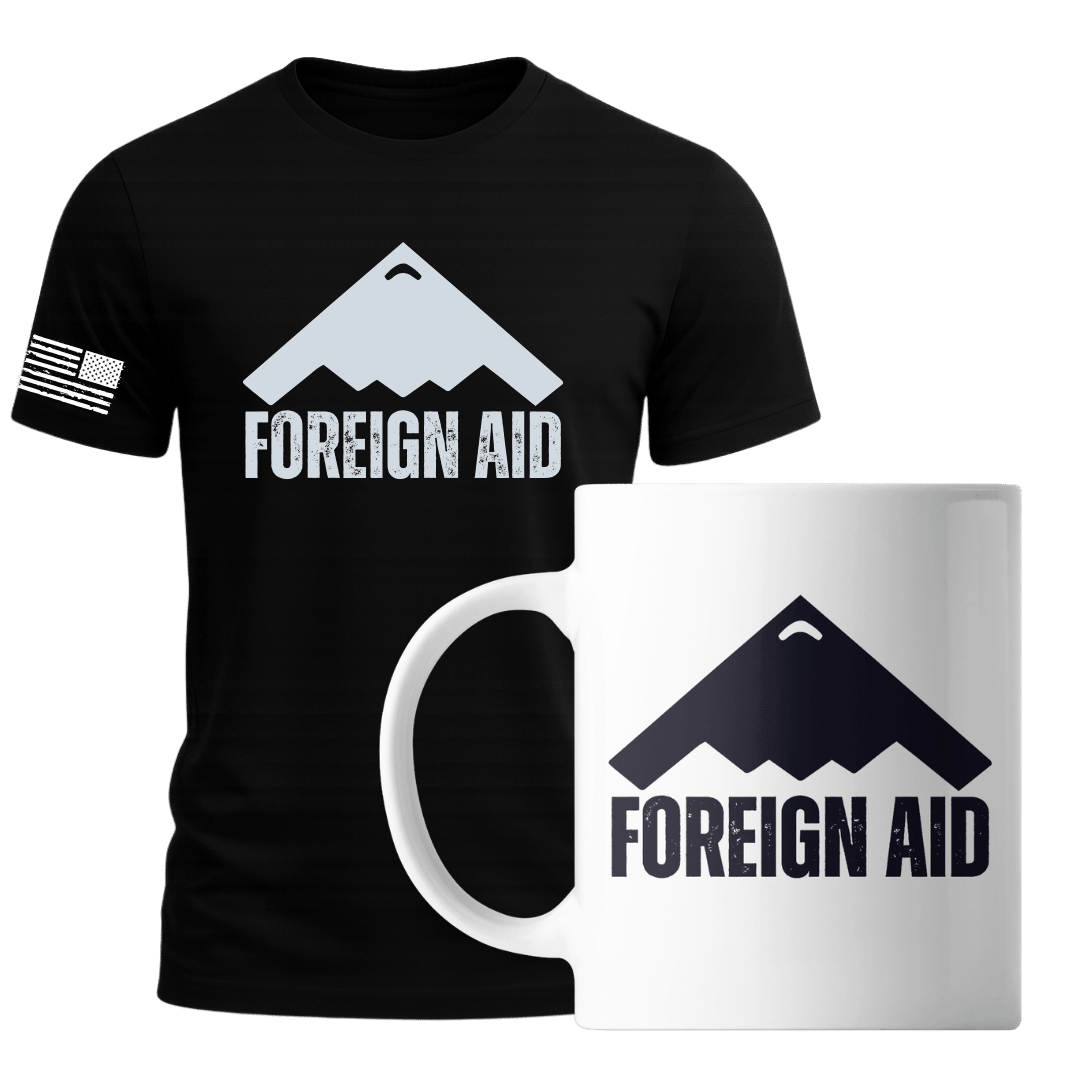 Black t-shirt and white mug with 'FOREIGN AID' logo on a white background