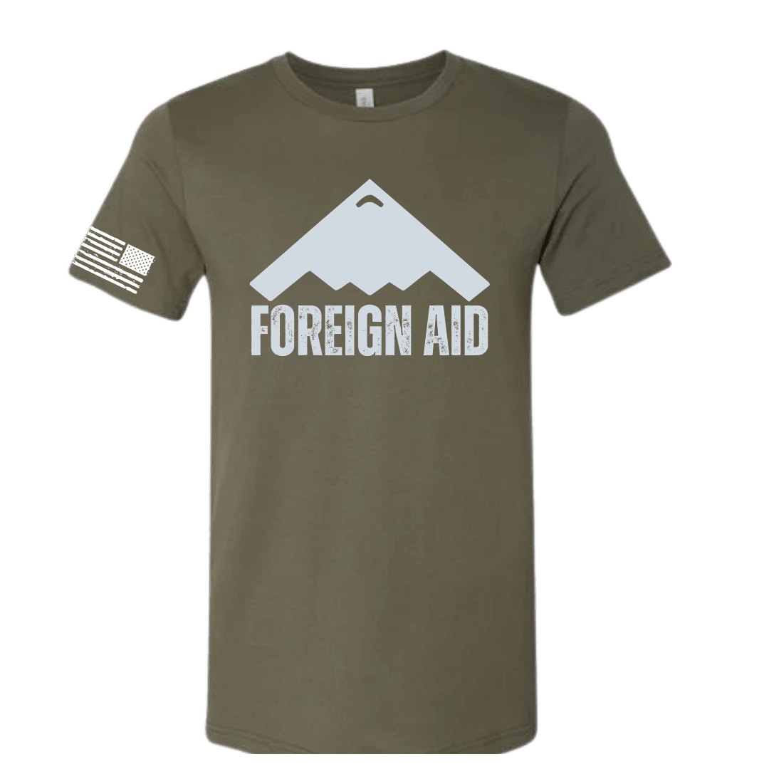 Olive green t-shirt with 'FOREIGN AID' graphic on a white background