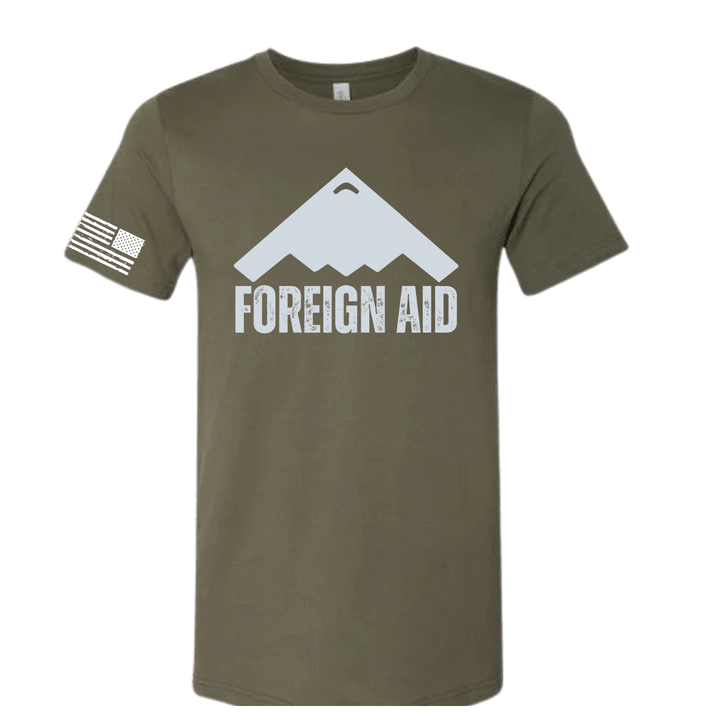 Olive green t-shirt with 'FOREIGN AID' graphic on a white background