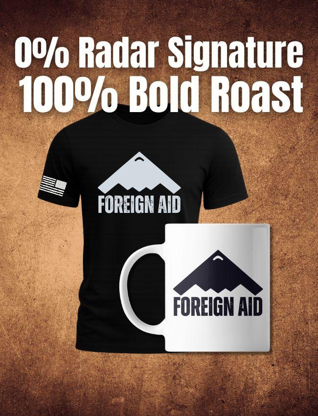 Black shirt and white mug with aircraft design and white font on tan background