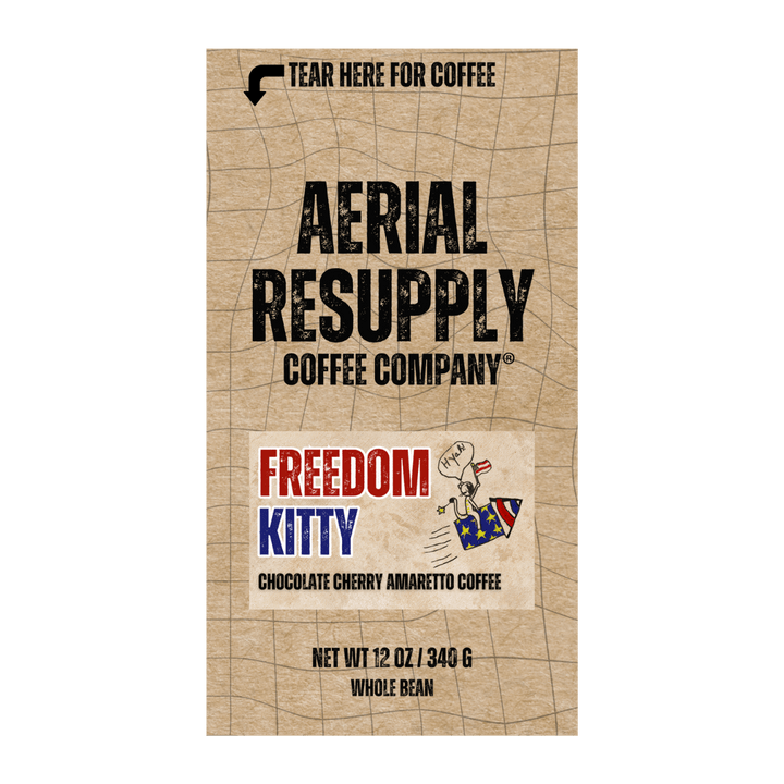 Freedom Kitty Chocolate Cherry Amaretto flavored coffee from aerial resupply coffee whole bean ground colombian medium roast