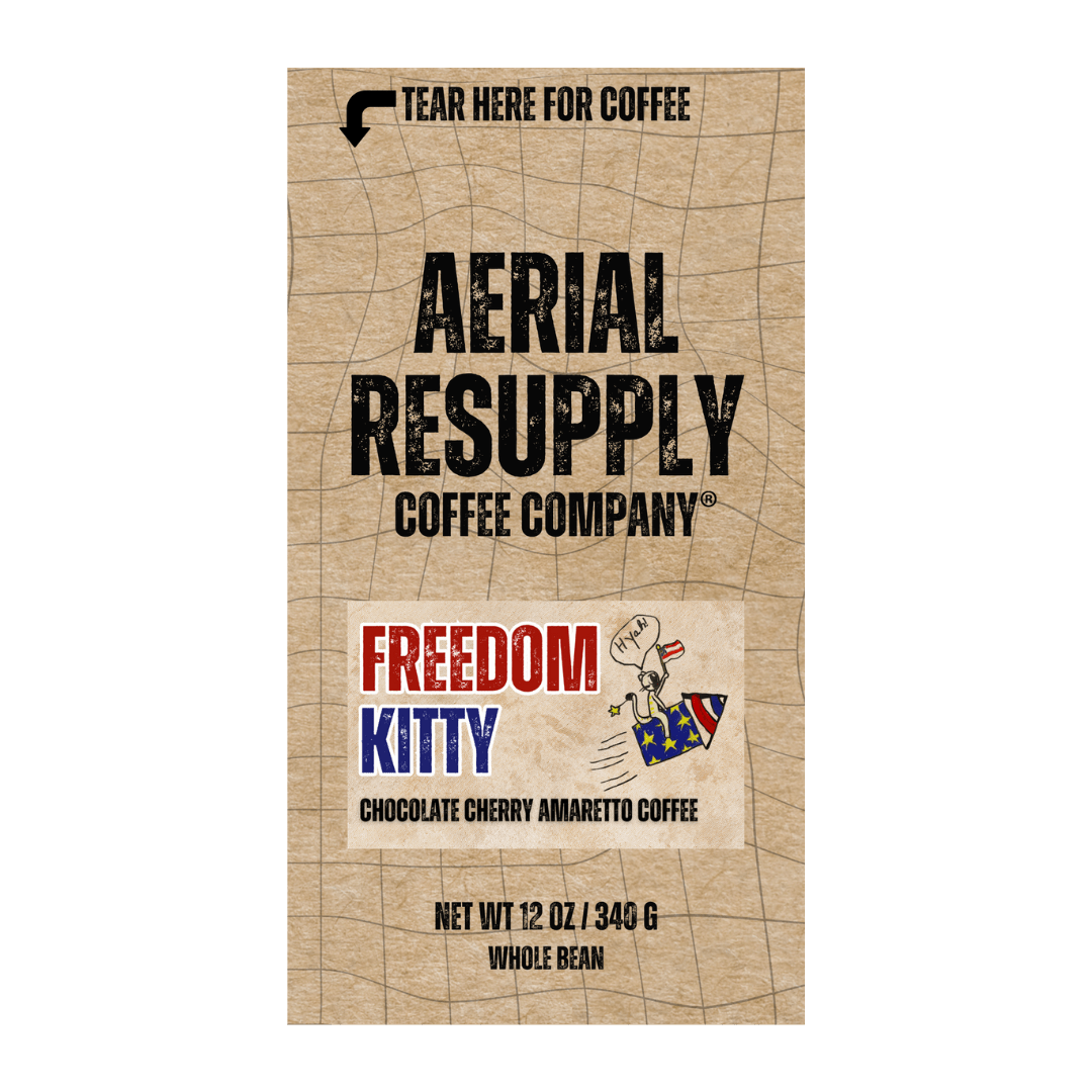 Freedom Kitty Chocolate Cherry Amaretto flavored coffee from aerial resupply coffee whole bean ground colombian medium roast buy now online in twelve ounce bag or at our store in Charlottesville Virginia